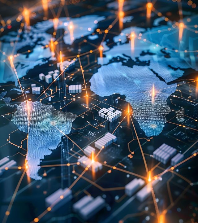 Global Logistics Network with Glowing Connections Between Warehouses Across Continents Global Logistics Network Map with Glowing Lines Connecting Warehouses Across Continents Symbolizing the Intricate Web of International Trade and Supply Chains