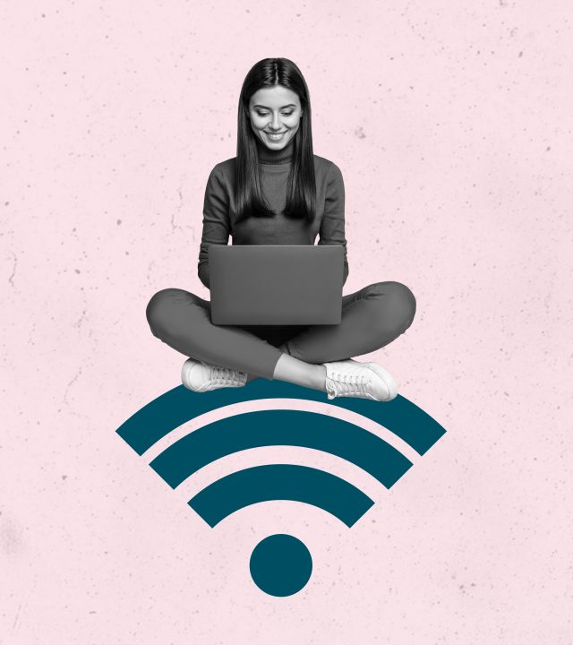 Vertical photo collage of happy girl freelancer sit wifi stripes emblem 5g connection network technology isolated on painted background Vertical photo collage of happy girl freelancer sit wifi stripes emblem 5g connection network technology isolated on painted background.
